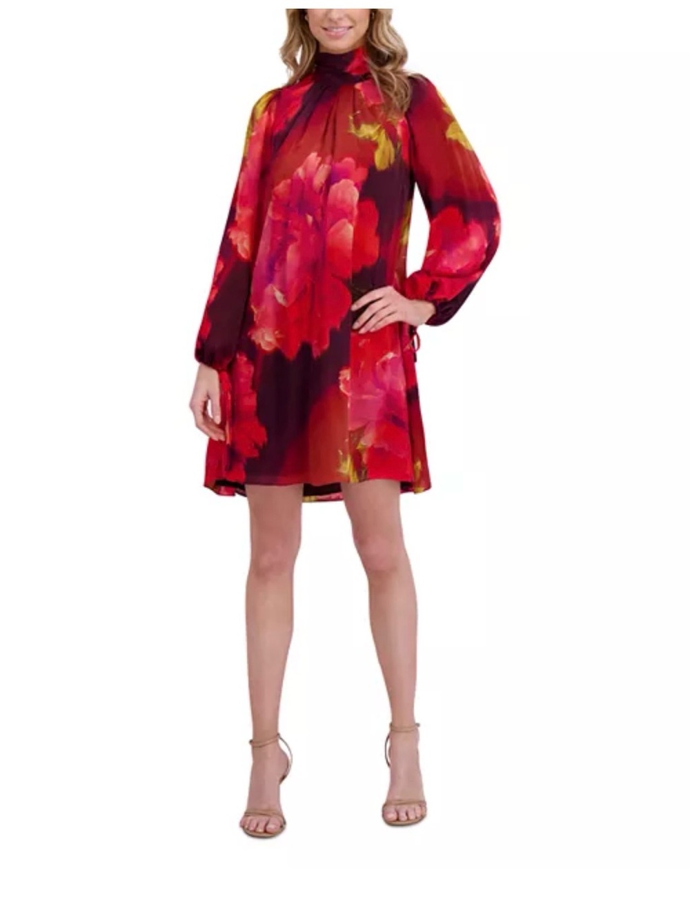 Ted Baker Red & Pink Floral High-Neck Midi Dress